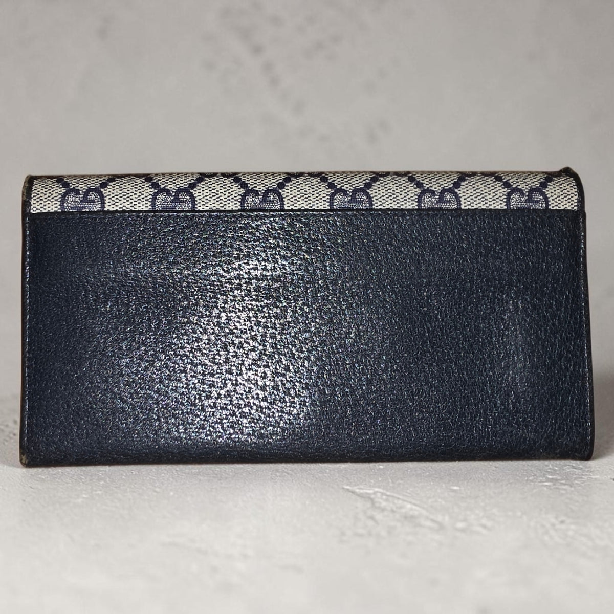 Vintage Gucci GG Monogram Canvas Navy Leather Continental Bifold Long Wallet
