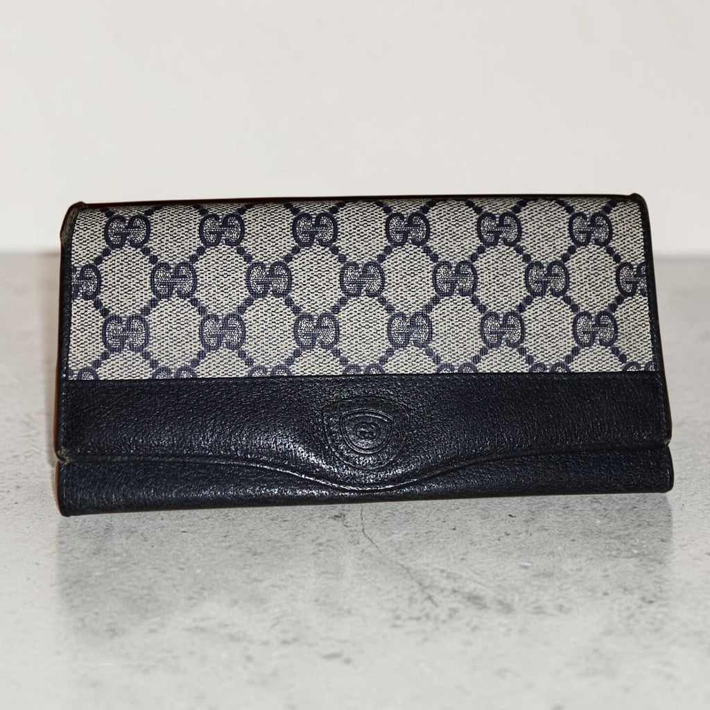 Vintage Gucci GG Monogram Canvas Navy Leather Continental Bifold Long Wallet