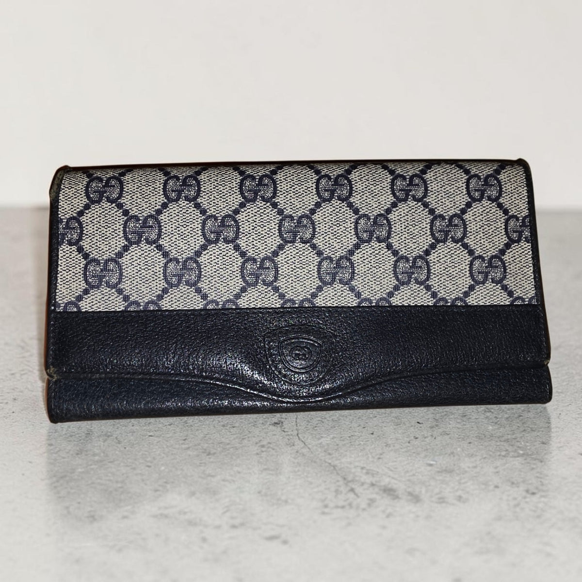 Vintage Gucci GG Monogram Canvas Navy Leather Continental Bifold Long Wallet