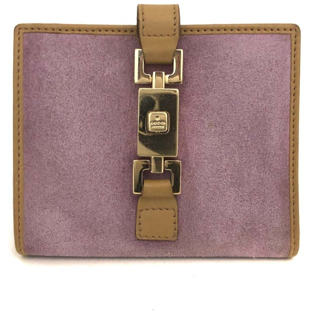 The Gettin Place GUCCI lavender suede bi-fold wallet with tan leather trim and gold-tone piston closure